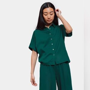 NWT FRNCH Teal Green Button-Up Shirt French Designer Minimalist Elevated Basic S